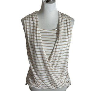 White House Black Market Faux Wrap Top Women's XXS Beige White Striped High Low
